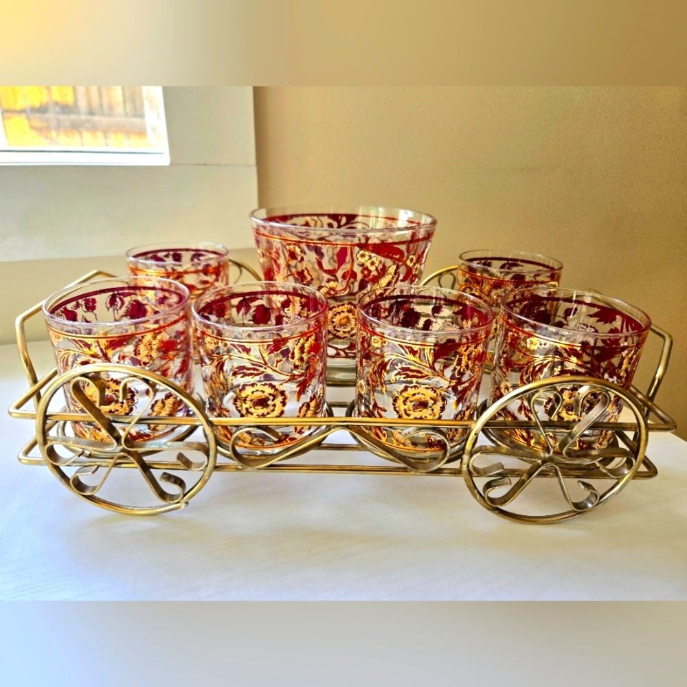 Mcm Vintage Culver 22k Gold Maroon Floral Barware Set With Caddy